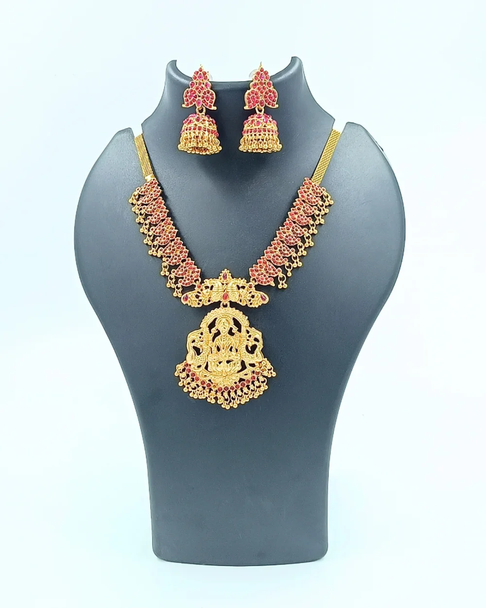 Lakshmi Necklace Set with Pink Stone Charm and Matching Earrings