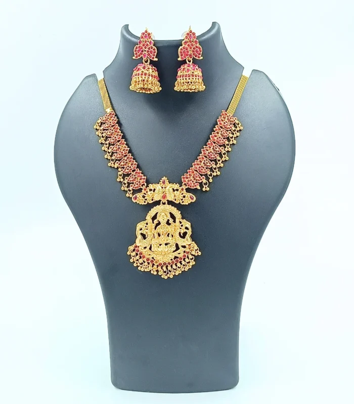 Lakshmi Necklace Set with Pink Stone Charm and Matching Earrings